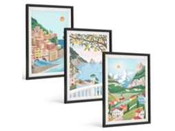 Pinturas Murais Modernas Vistas Litorâneas Em Tons Pastel Moldura Preta Pinturas De Quarto Espelharte (3 Piezas De 40x60 Cm)