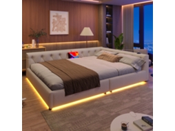 Sofá-cama Cama-dia 140x200cm, Com Estrado, Luz Ambiente Com Controle Remoto, Cabeceira Tufada, Usb+type-c, Linho, Bege.