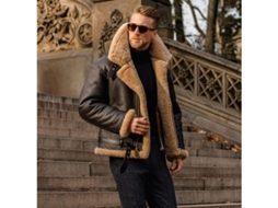 Jaqueta de couro masculina elegante 2026, corte slim, cor camelo, estilo aviador com forro de pele de carneiro, modelo bomber.