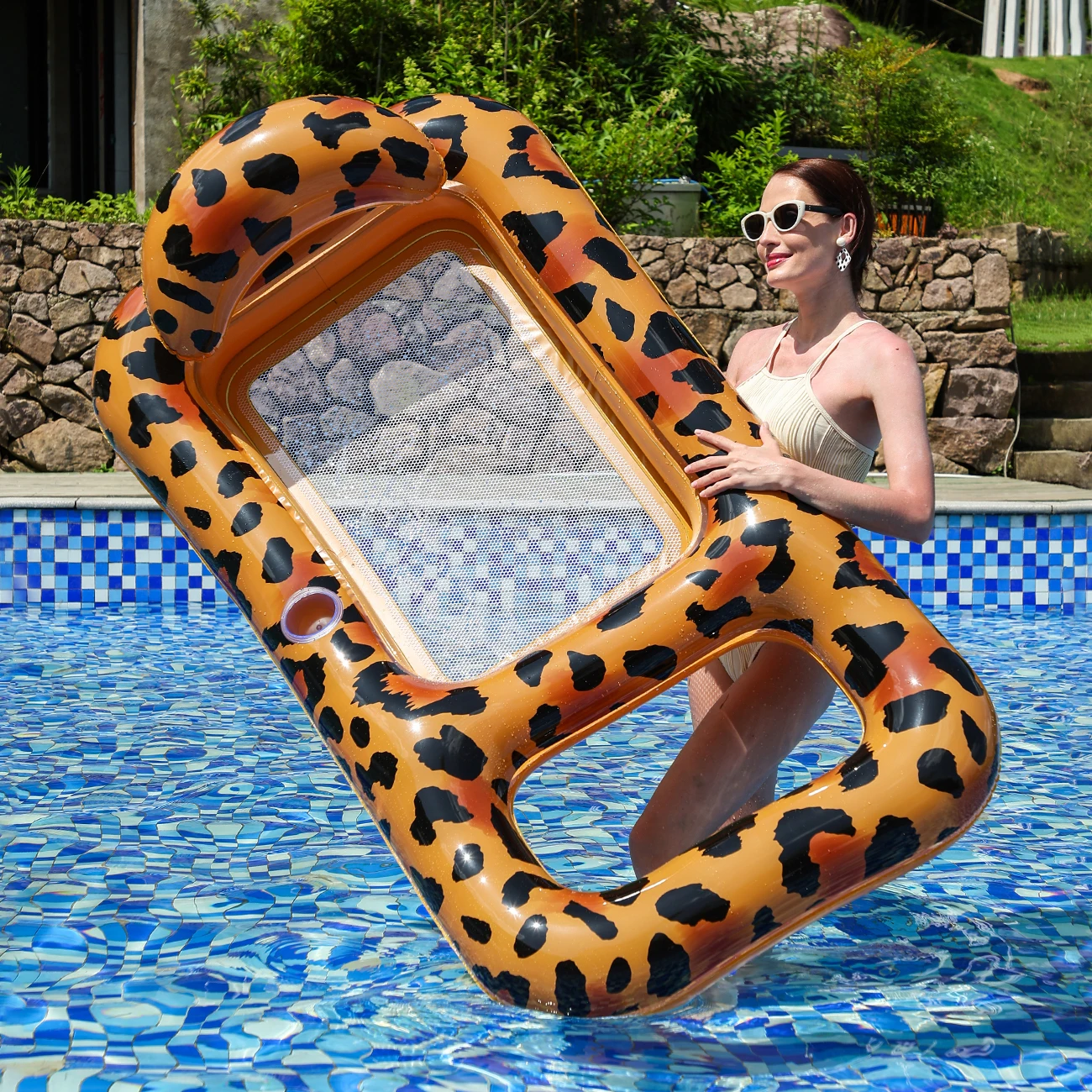 (marrom) 1 Boia Inflável Para Piscina Com Porta-copos E Espreguiçadeira Confortável Com Cobertura.