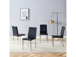 Conjunto 4 Cadeiras Jantar Minimalistas Luxo Leve, Pu Preto + Pernas Metálicas Prateadas-kd