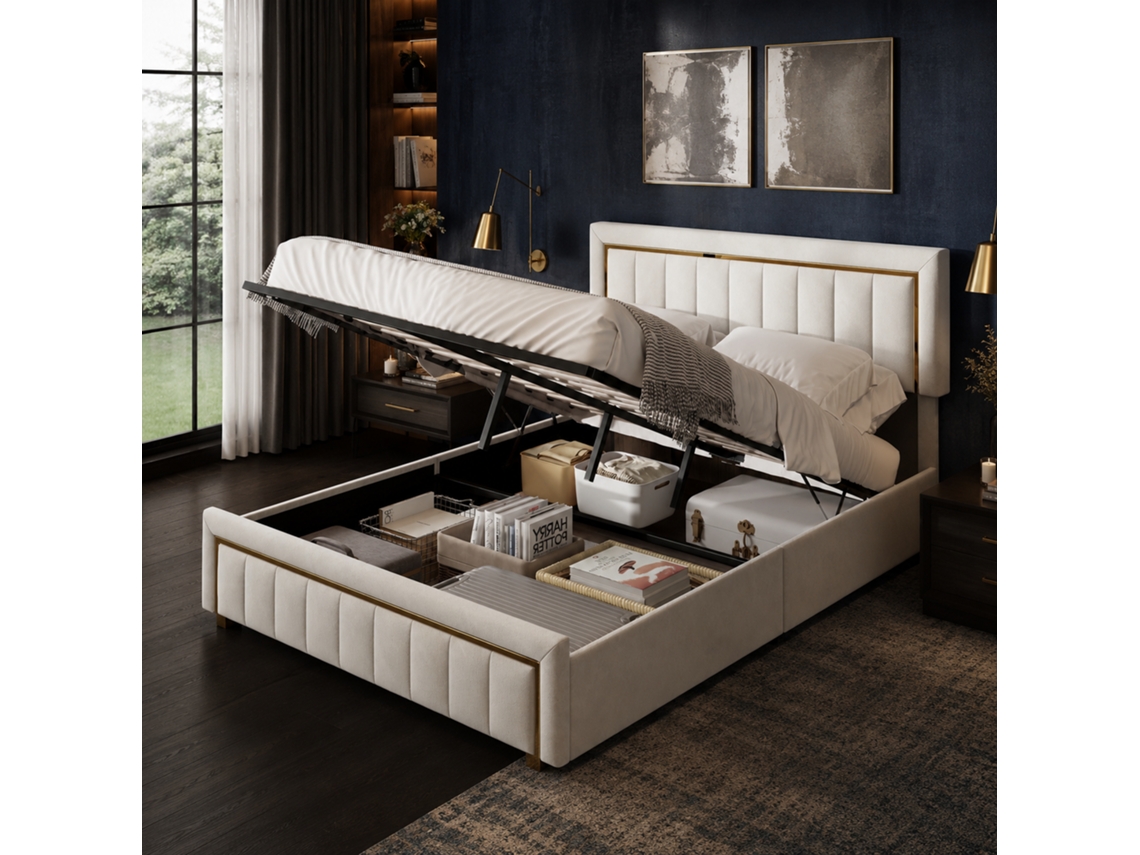 Cama De Arrumação Em Veludo Samt 160x200 Cm, Cama Baú Hidráulica Com Cabeceira Estofada, Cama De Casal Sem Colchão Para Quarto De Adultos, Branca