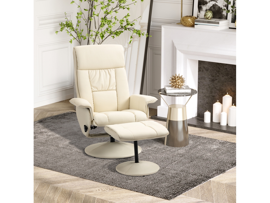 Poltrona Giratória Reclinável Até 135° Com Encosto Relaxado, Apoio Para Os Pés E Assento Giratório, Medindo 78x84x110cm Na Cor Creme.