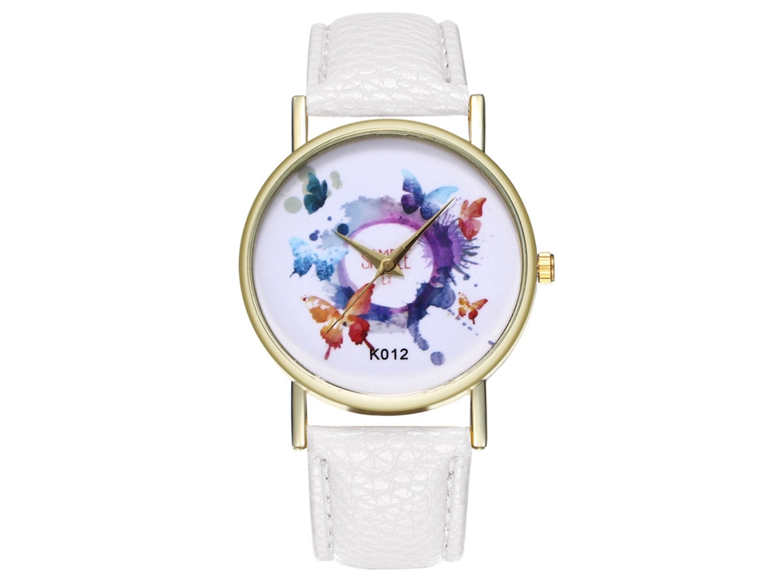 Relógio de Quartzo com Pulseira de Couro Padrão de Borboletas Coloridas para Mulheres Branco