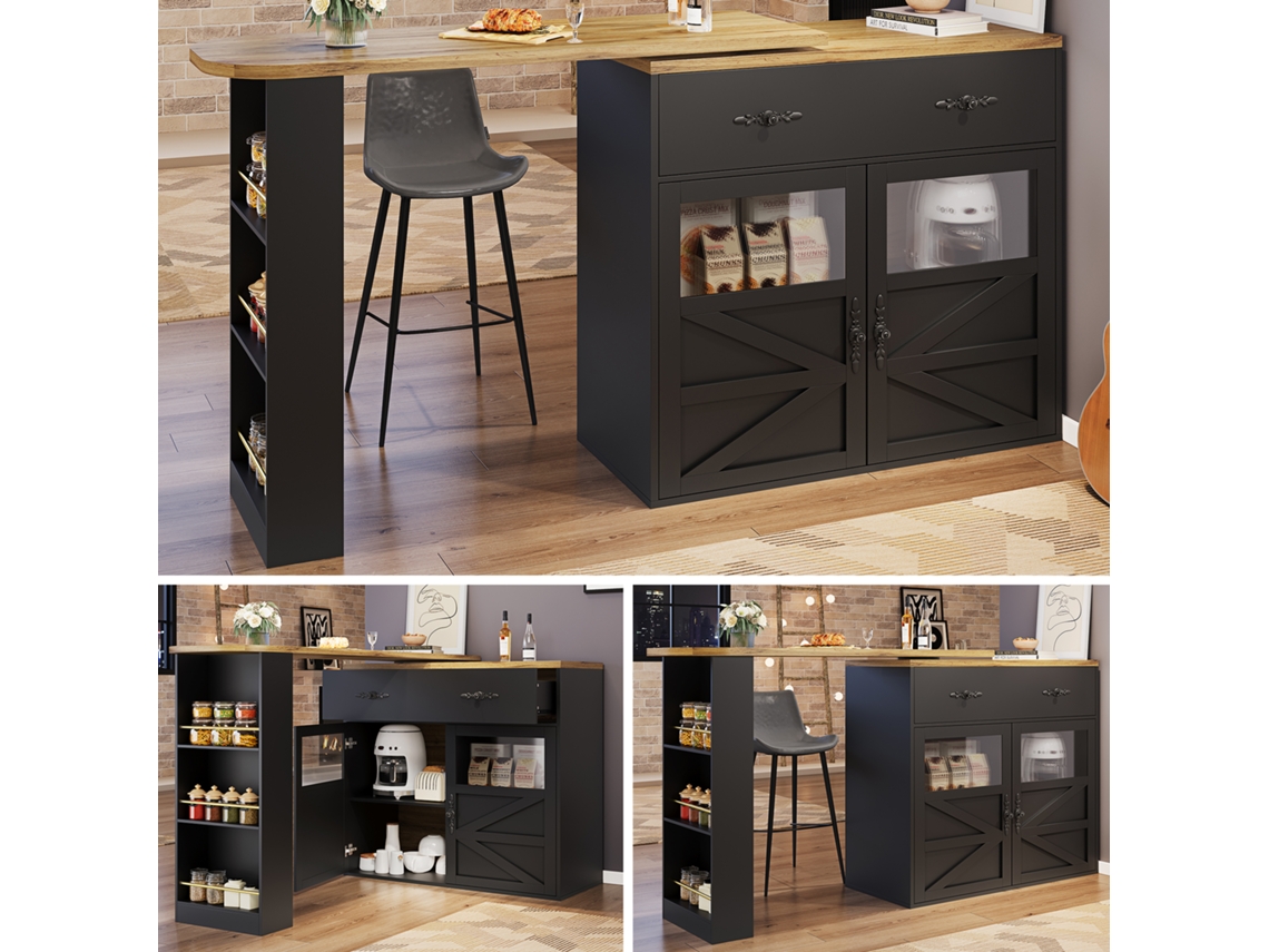 Mesa De Bar Extensível 138-204x39x104 Cm, Giratória 360°, Preta, Com Armário E Prateleiras, Para Cozinha