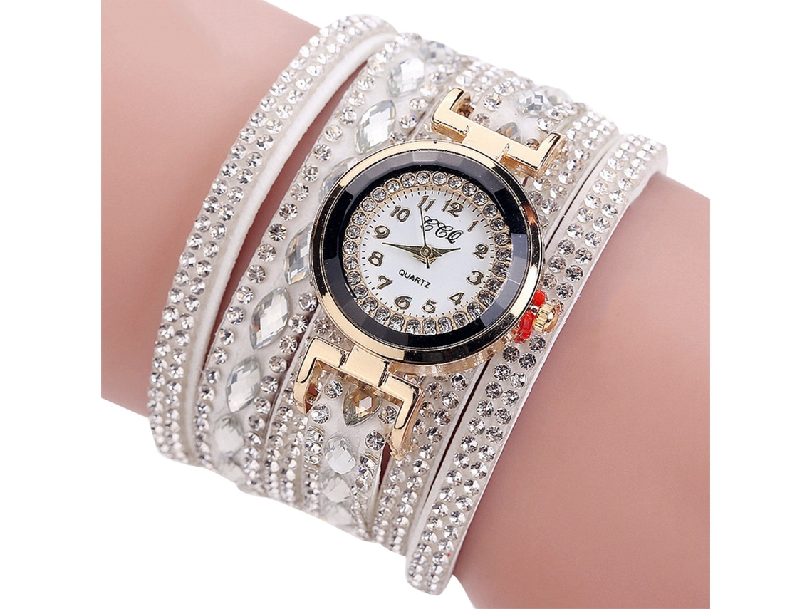 Relógio Pulseira Feminino de Quartzo com Strass Pulseira Pu Prata Redondo Presente