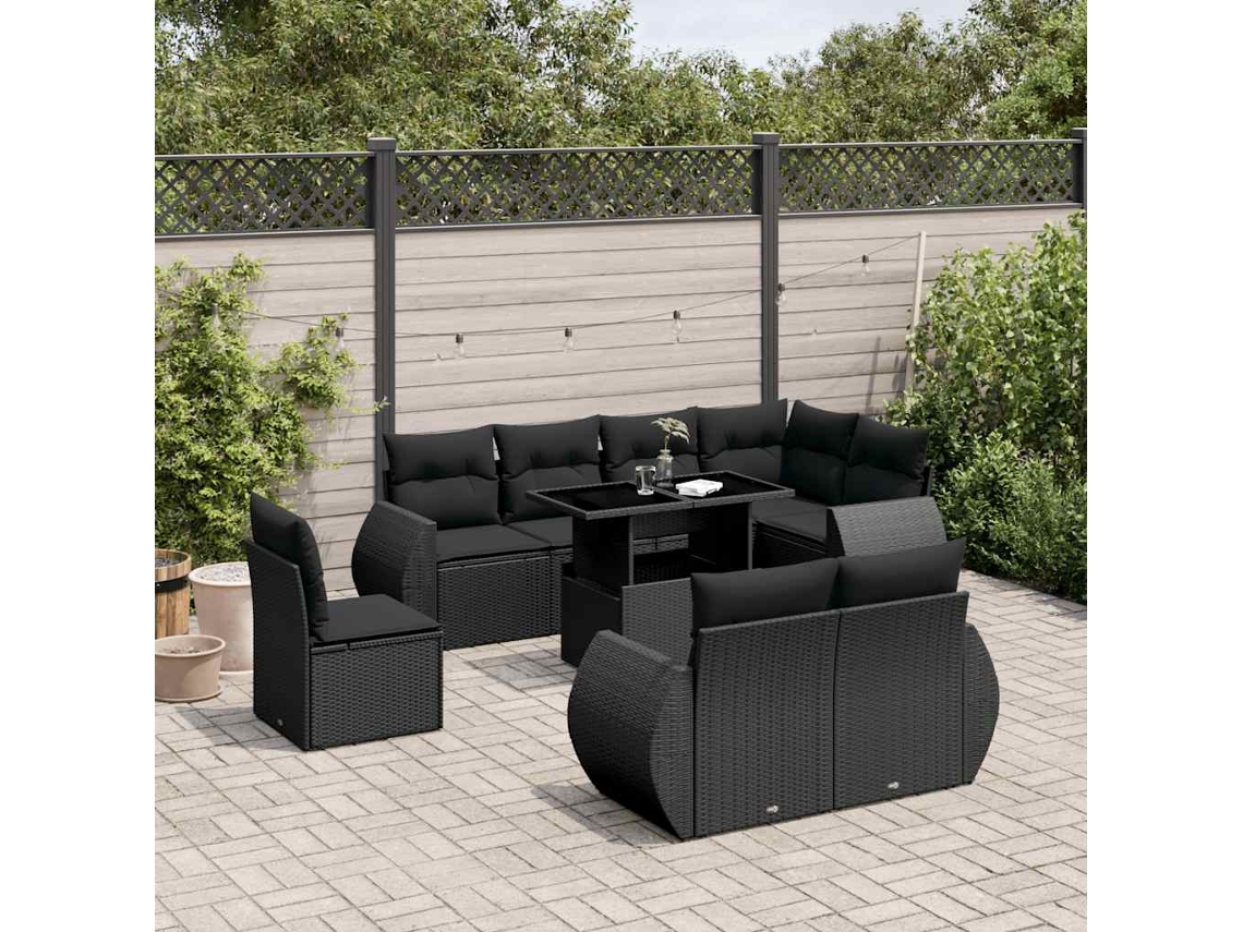 9 Pcs Conjunto De Sofás P/ Jardim C/ Almofadões Vime Pe Preto Dkd Home Decor
