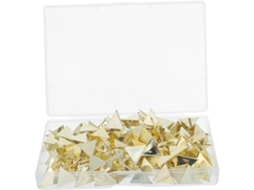 100 unidades de tachinhas triangulares decorativas douradas com ponta cônica para fixação de pôsteres e mapas. Firmeza garantida.