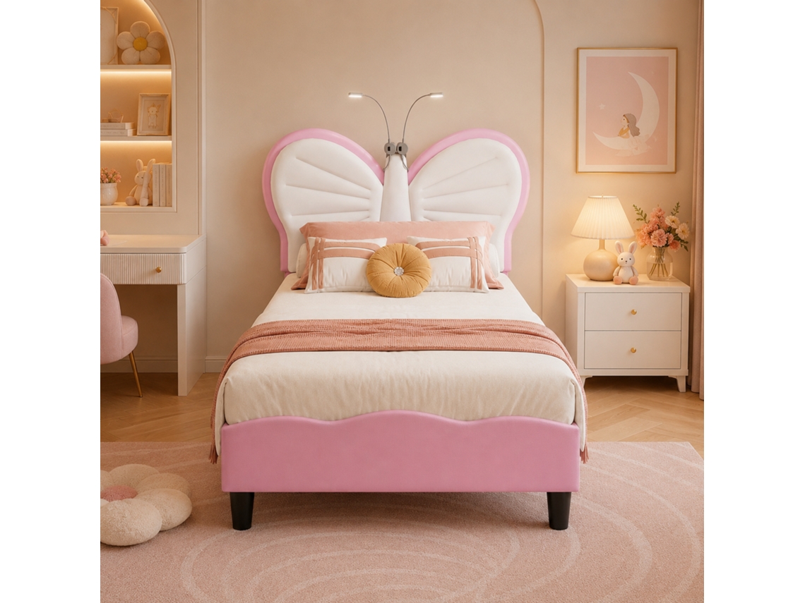 Cama Infantil 90x200 Com Luz De Leitura, Cama Individual Estofada Em PU Rosa, Cabeceira Ajustável Em Forma De Borboleta Para Crianças E Adolescentes