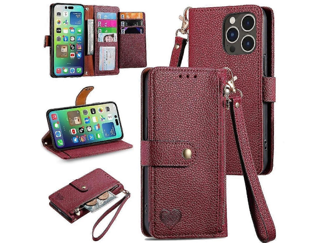 Capa Para Iphone 14 Pro, Carteira, Zíper, Couro, Cordão