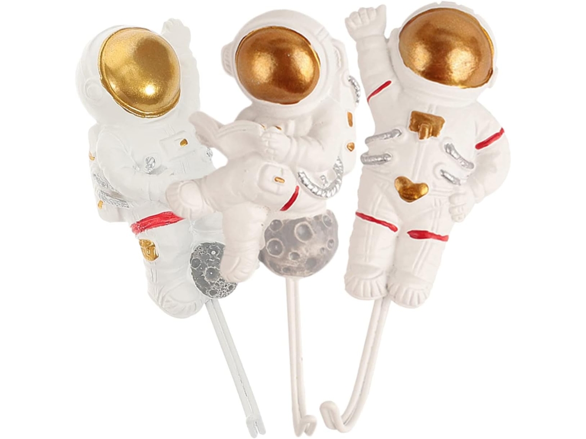 Conjunto de 3 Ganchos Adesivos de Parede em Formato de Astronauta, Sem Rebarbas, em Resina Sintética Resistente. SFUSHOS