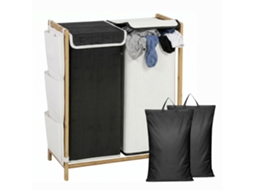 Cesto De Roupa Suja 120l Com Tampa E 2 Compartimentos Em Branco E Preto