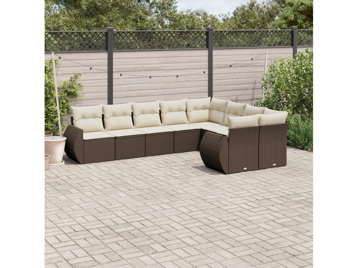 Vidaxl 9 Pcs Conjunto Sofás P/ Jardim C/ Almofadões Vime Pe Castanho