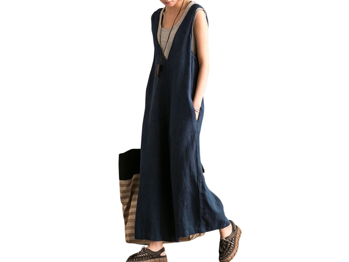 Macacão Feminino Plus Size Algodão Decote V Sem Mangas Pernas Largas com Bolso Lateral