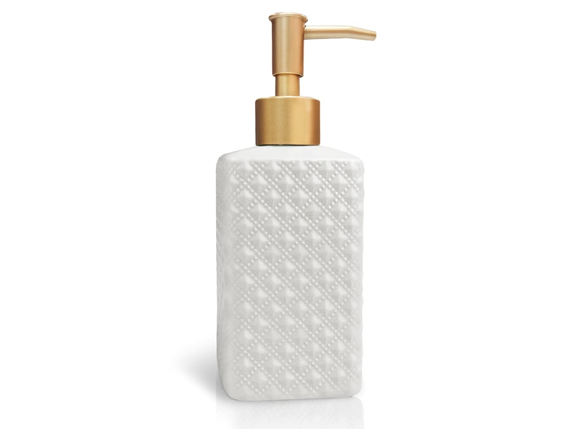 Dispensador de Jabón de Cerámica con Bomba Dorada Grabado Vintage para Baño y Cocina 11.8 Oz