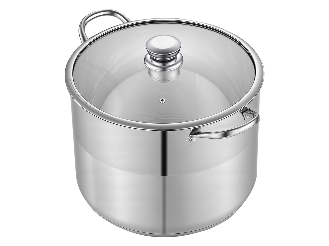 Panela de Aço Inoxidável com Capacidade 15 1 L Tampa Vidro e Alças Diâmetro 32 Cm Leve para Transportar Base 5 Camadas Grande Resistente Ideal Sopas