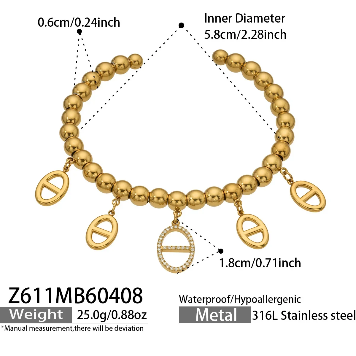 Pulseira Com Pingente Vazado Banhado A Ouro, Design Exclusivo Com Contas De Aço Inoxidável.