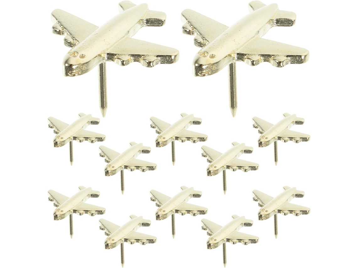 Tachinhas criativas e estilosas em liga Zinco dourada com tema Avião, pacote com 12 unidades, ideal para murais de