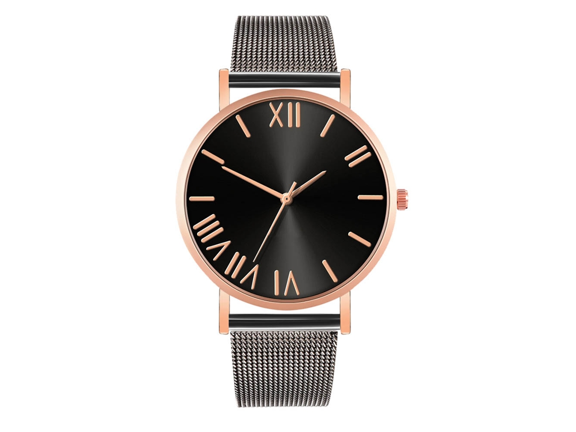 Relógio de casal com pulseira de malha, estilo casual e moderno, preto e ouro rosa.