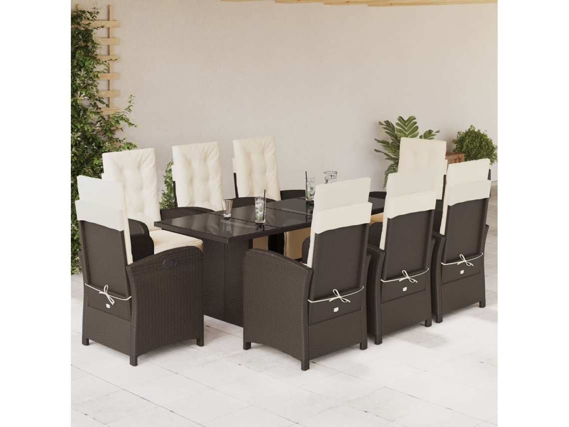 Vidaxl 9 Pcs Conjunto Jantar P/ Jardim C/ Almofadões Vime Pe Castanho