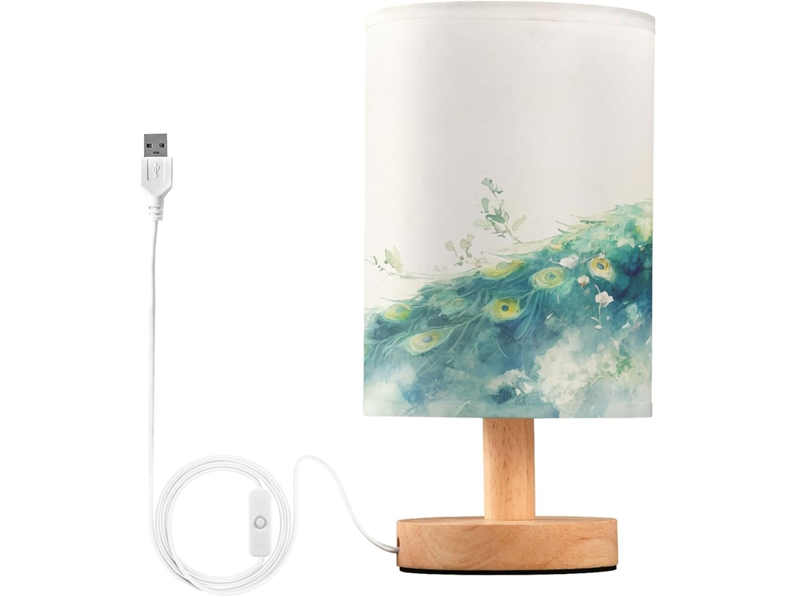Abajur De Cabeceira Led Com Pavão Em Aquarela, Ideal Para Quarto, Leitura Com Cúpula De Tecido, Base De Madeira E Porta