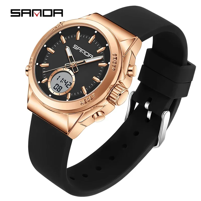 Relógio Eletrônico Feminino Elegante e Casual com Despertador, Luminescente, À Prova D'água, Visor Duplo e Funções Multifuncionais. MDUG
