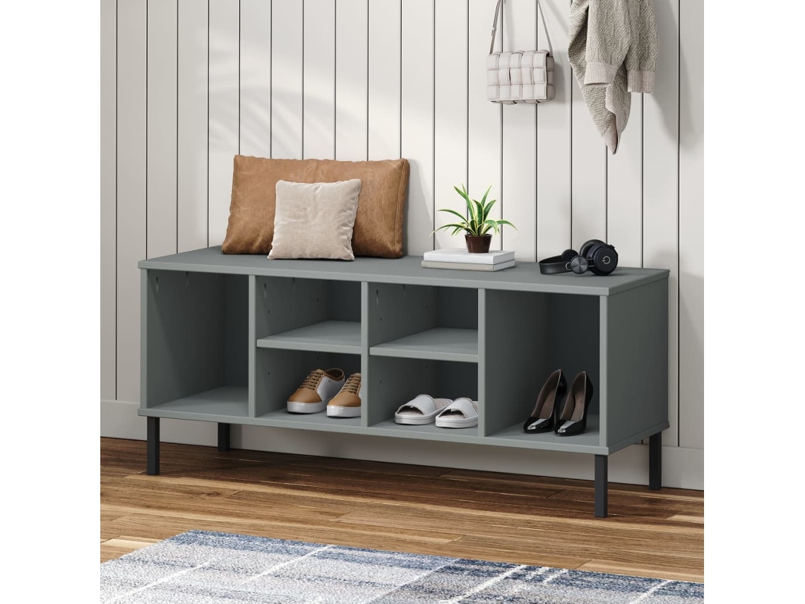 Vidaxl Sapateira Pernas Metal 106x35x45cm Madeira Maciça Oslo Cinzento