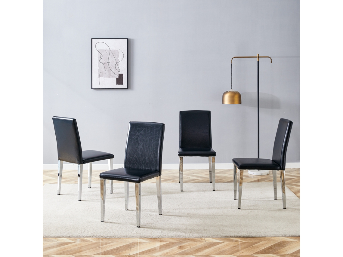 Conjunto 4 Cadeiras Jantar Minimalistas Luxo Leve, Pu Preto + Pernas Metálicas Prateadas-kd