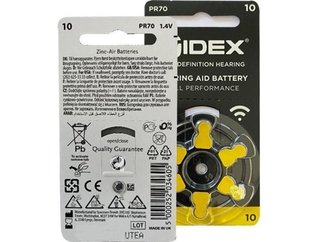 WIDEX Baterias para Aparelhos Auditivos 10 Pacotes 60 Baterias Etiqueta Amarela P10 Aparelho Auditivo