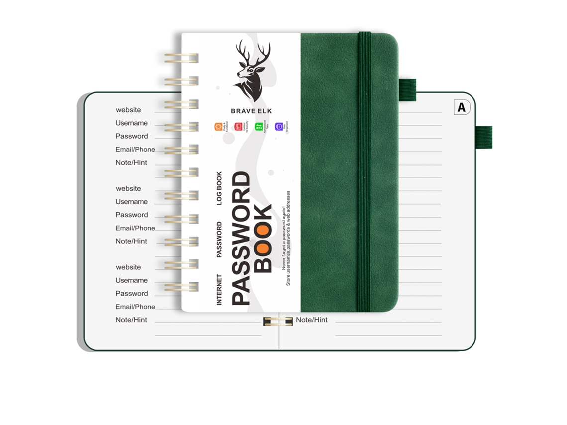 B6 Lockable Coil Notebook With Index Pages, Faux Leather Cover, Address Book, Password Journal, Military Green