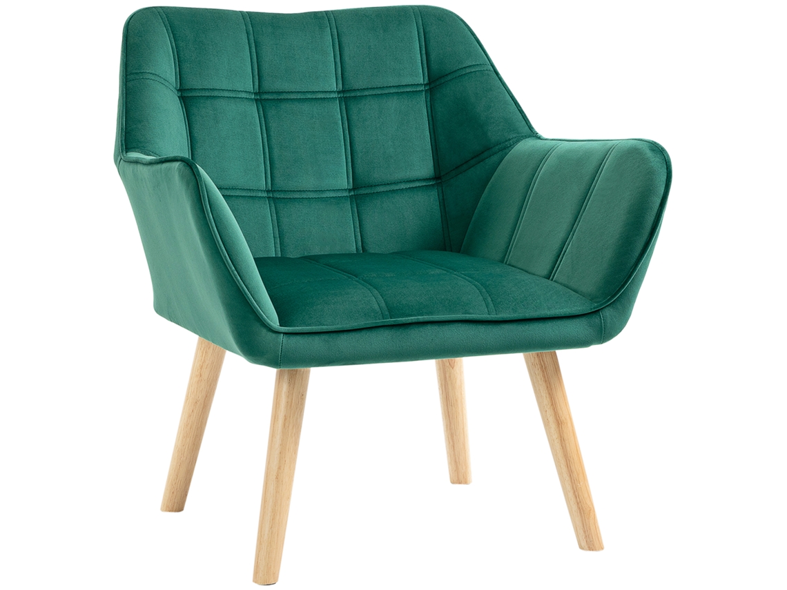 Poltrona Moderna Verde De Sala Estar Estofada Em Veludo Com Pernas Madeira Relaxante Para
