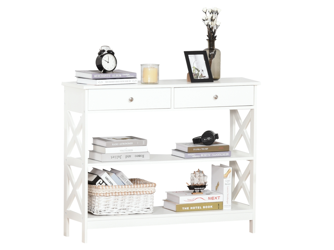 Mesa De Entrada Console Corredor Com 2 Gavetas E Inferiores Móveis Modernos Base Elevada I-inclinação, Cor Branco, Com 2 Prateleiras E