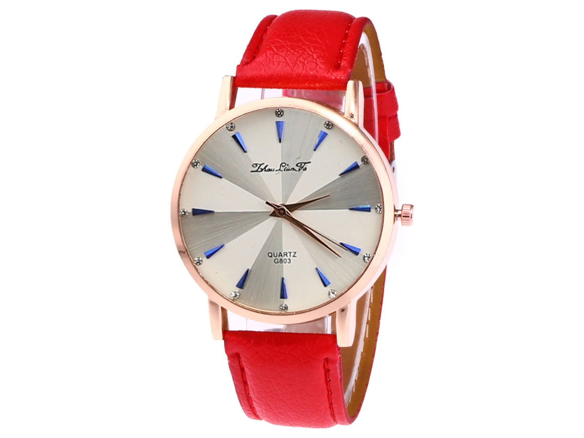 Relógio de quartzo casual unissex com pulseira de couro PU vermelha para homens e mulheres.