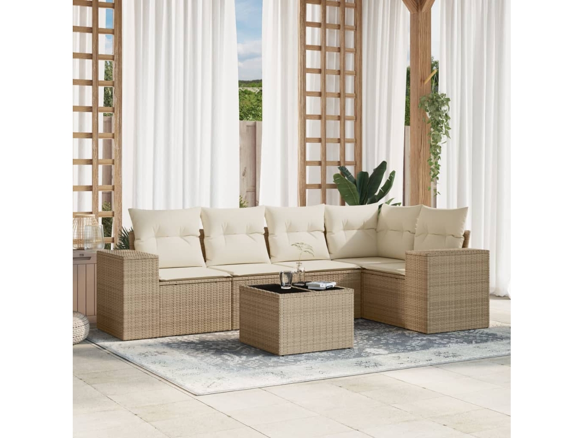 Vidaxl 6 Pcs Conjunto De Sofás P/ Jardim Com Almofadões Vime Pe Bege