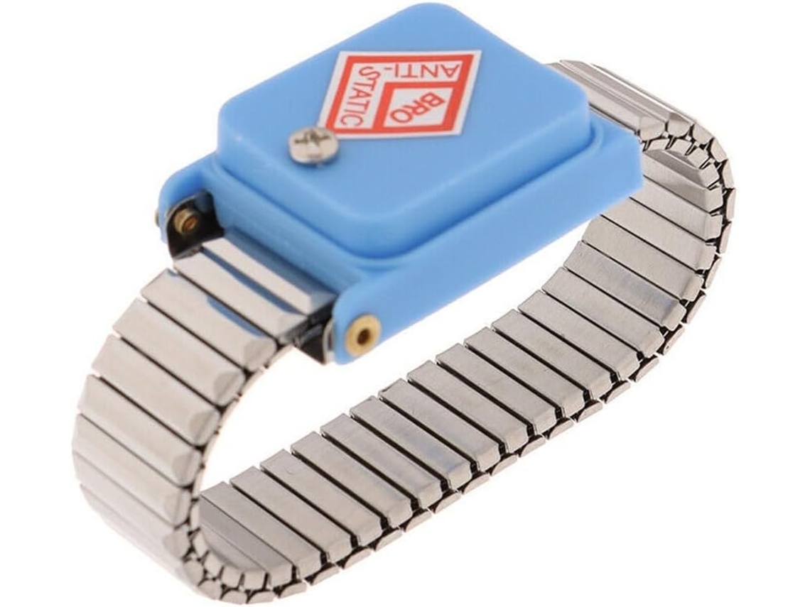 Pulseira antiestática com faixa elástica condutora e cabo de descarga, projetada para aterrar o pulso e evitar danos.