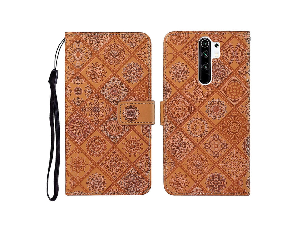 Capa De Couro Horizontal Com Estampa Étnica Em Relevo Para Xiaomi Redmi 9, Com Suporte, Compartimentos Para Cartões, Carteira E Cordão.
