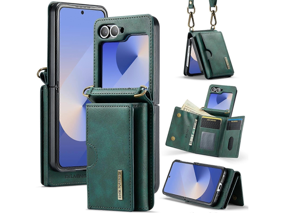 Dg.ming Série M6 Rfid Bolsa Tripla Para Cartões Capa De Couro Removível Para Celular Com Cordão Longo Para Samsung Galaxy Z Flip6 5g