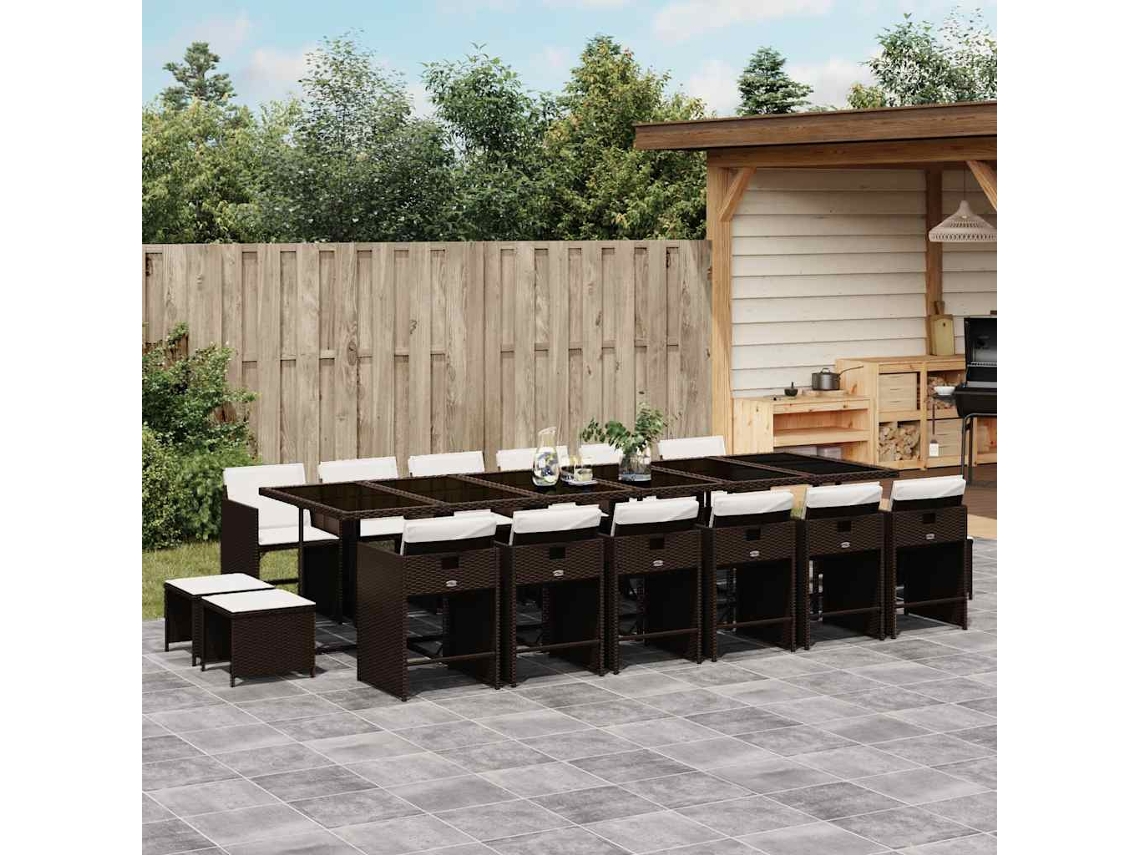 Vidaxl 17 Pcs Conjunto Jantar P/ Jardim C/ Almofadões Vime Pe Castanho