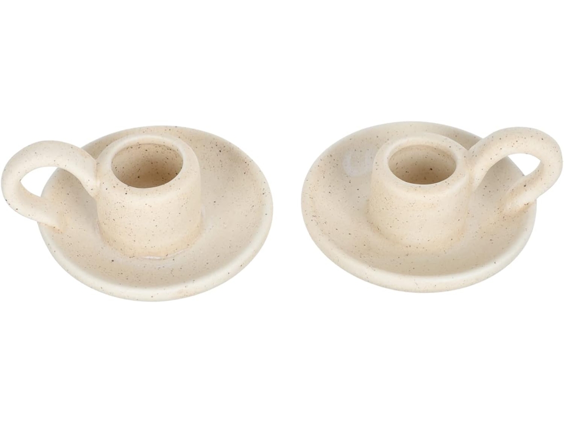 Conjunto De 2 Castiçais De Cerâmica Bege Com Alça.