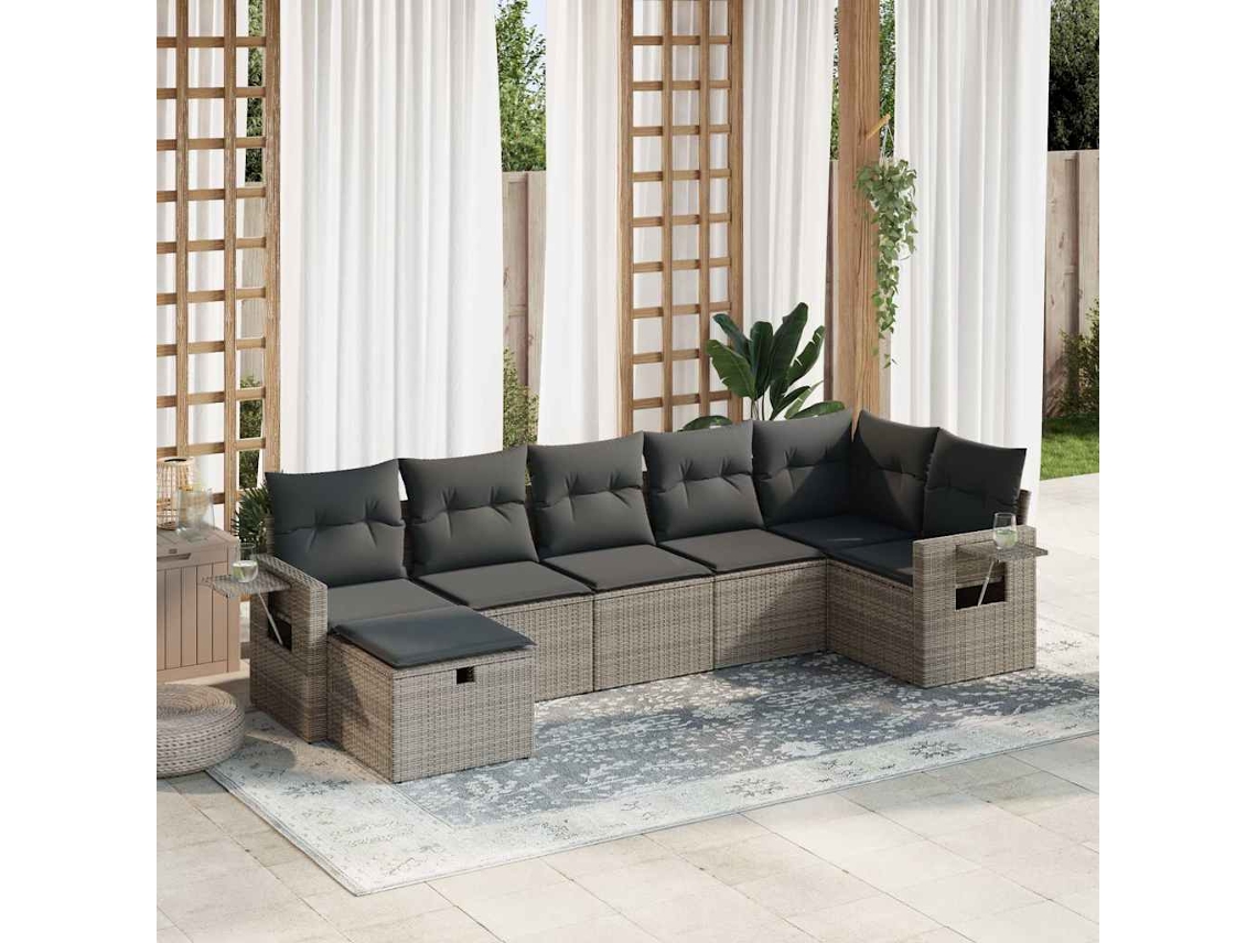 Vidaxl 7 Pcs Conjunto Sofás P/ Jardim C/ Almofadões Vime Pe Cinzento