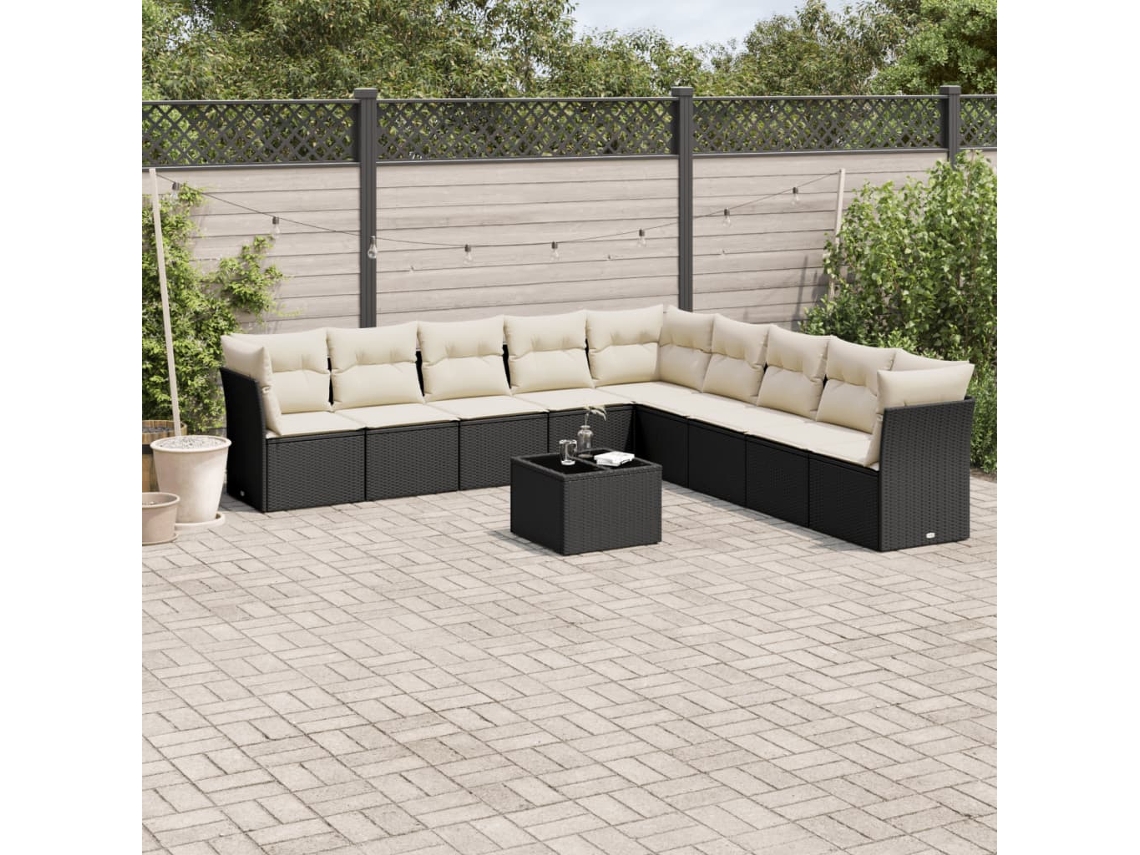 Vidaxl 10 Pcs Conjunto Sofás De Jardim C/ Almofadões Vime Pe Preto