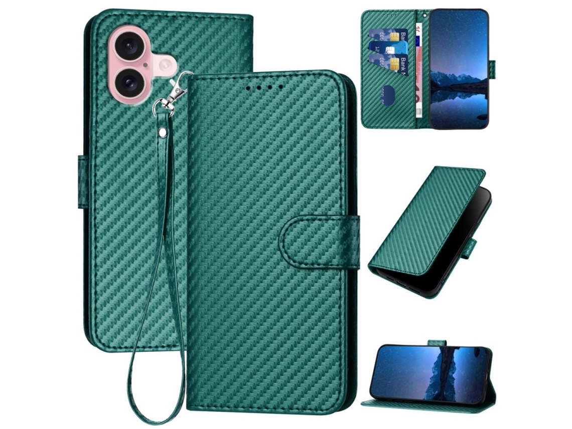 Capa De Couro Para Iphone 16 - Fivela Em Fibra De Carbono - Com Cordão
