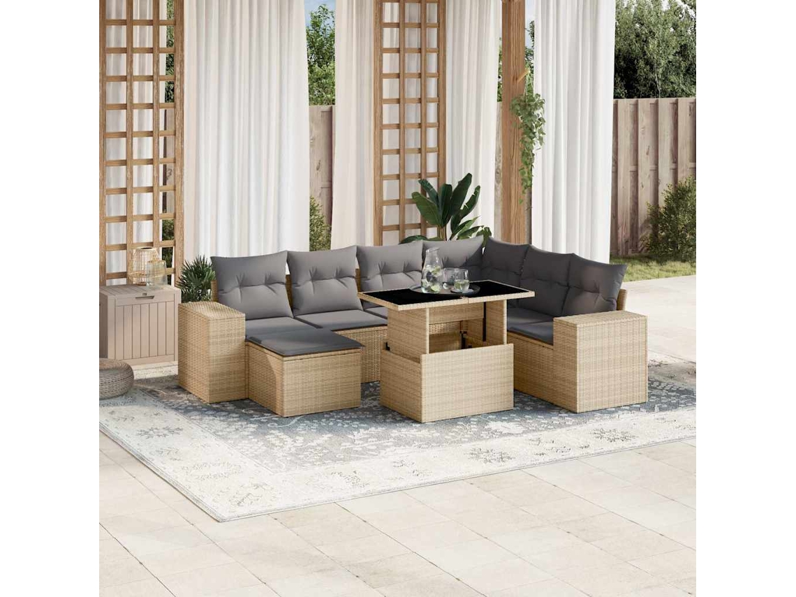 Vidaxl 8 Pcs Conjunto De Sofás P/ Jardim Com Almofadões Vime Pe Bege