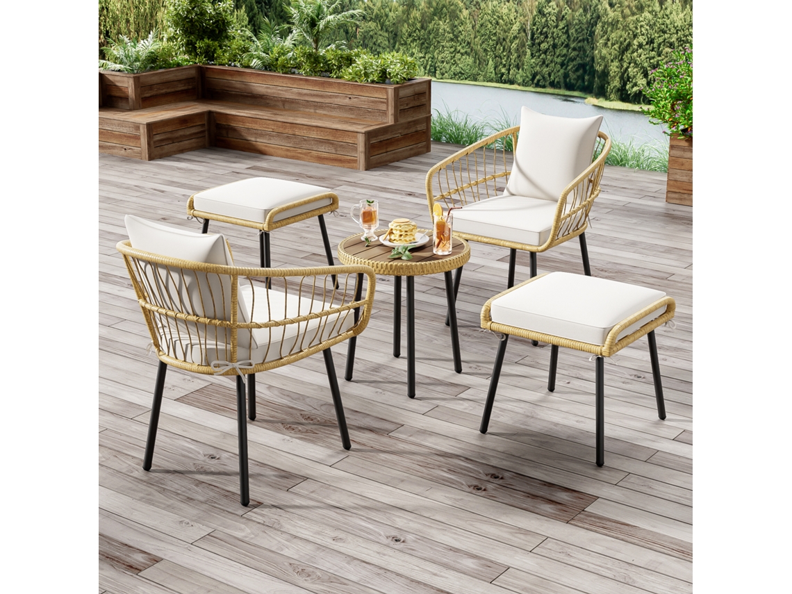 Conjunto De Sala De Jantar De Jardim Com 5 Peças 1 Mesa, 2 Cadeiras, 2 Banquetas, Rattan Natural.