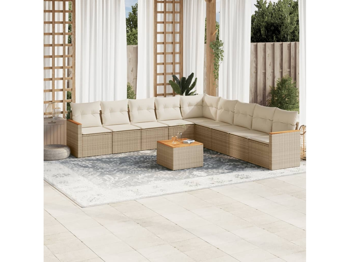 Vidaxl 10 Pcs Conjunto De Sofás P/ Jardim Com Almofadões Vime Pe Bege