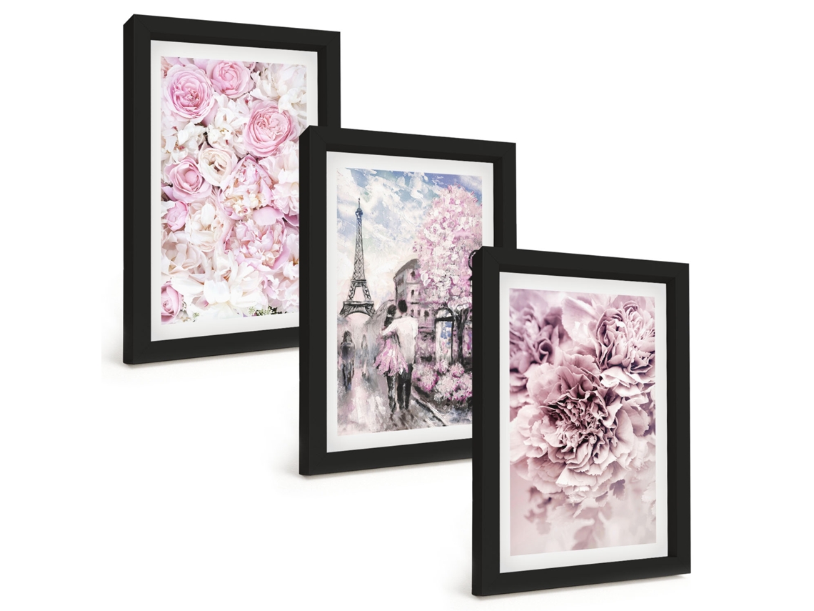Composição De Quadros Flores, Tons De Rosa, Paisagem Espelharte (3 Peças 20x30 Cm)