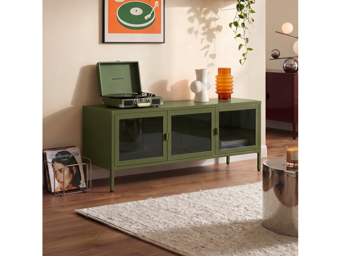 Suporte de TV Industrial Ezra, 130 cm, 3 portas, verde oliva, vidro temperado