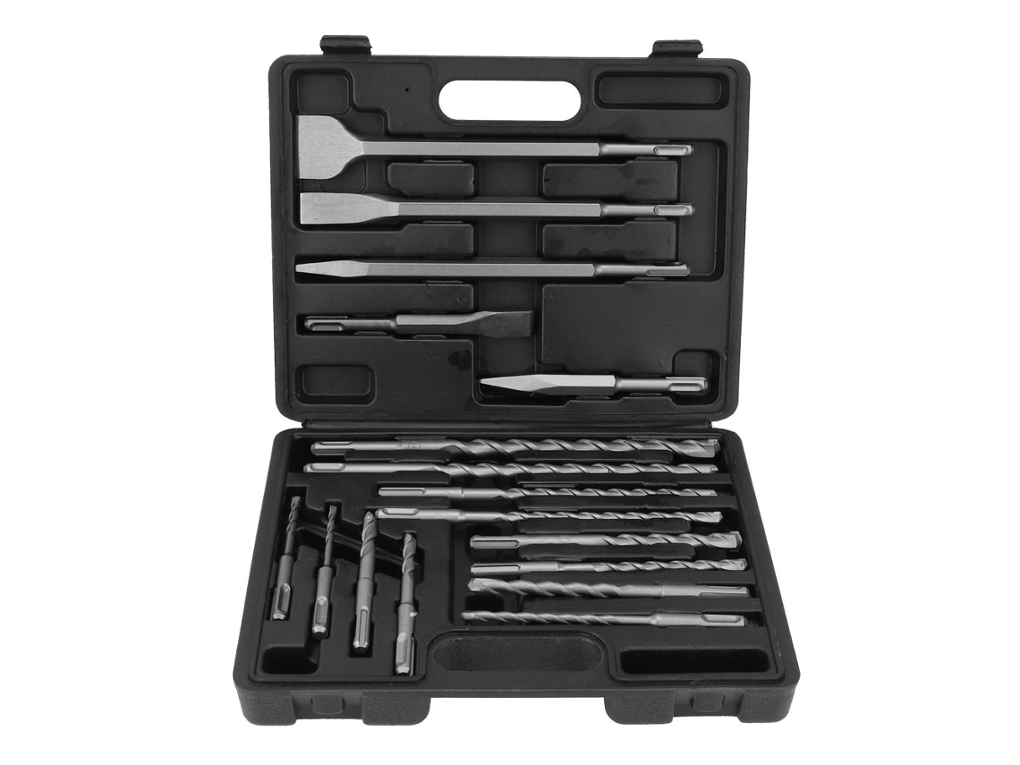 Conjunto de 17 brocas e cinzéis SDS Plus para furadeira de impacto. Ferramenta para perfuração e ranhuramento em concreto.