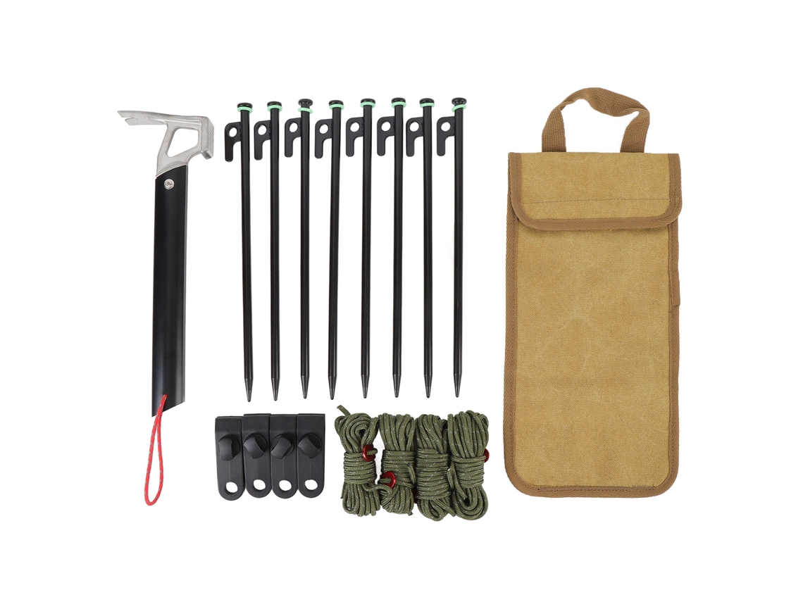 Estacas de Camping com Linhas e Martelo Khaki 30cm