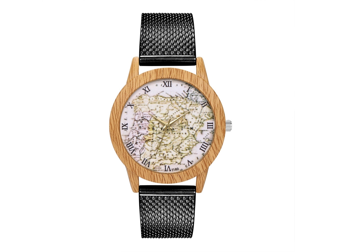 Relógio de pulso analógico de quartzo preto Zhoulianfa para homens e mulheres com pulseira de malha.